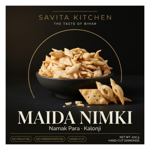 maida-nimki-200g-front-pack Savita Kitchen Maida Nimki 200 g front pack — hand-cut Bihari namak para with kalonji in a black bowl
