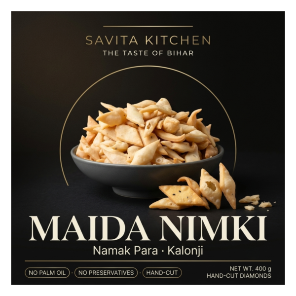 maida-nimki-400g-front-pack Savita Kitchen Maida Nimki 400 g front pack of traditional Bihari namak para with black cumin