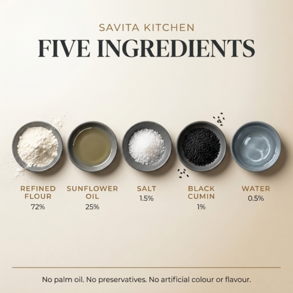 maida-nimki-ingredients-maida-sunflower-oil-salt-kalonji The ingredients in Savita Kitchen Maida Nimki — refined flour, sunflower oil, salt and black cumin