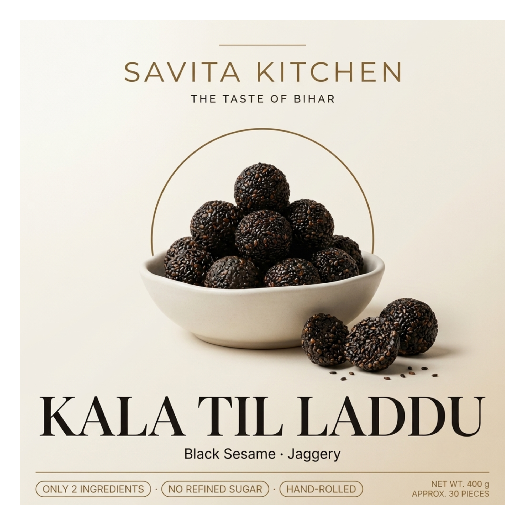 Kala til laddu 400 g pack by Savita Kitchen, black sesame and jaggery laddu, approx 30 pieces