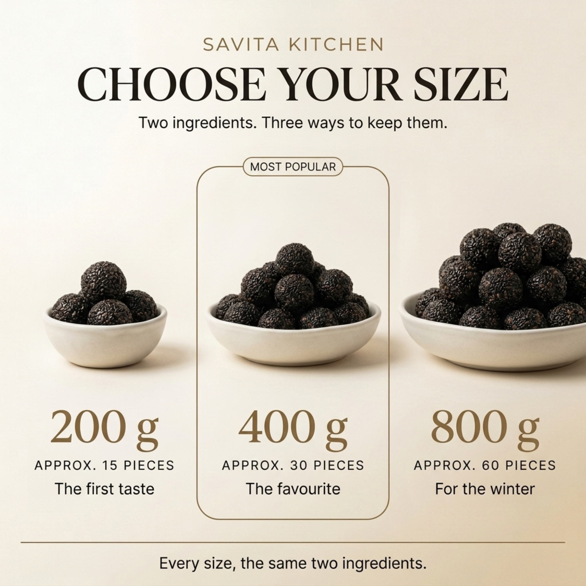 Kala til laddu pack sizes — 200 g, 400 g and 800 g of hand-rolled sesame jaggery laddu